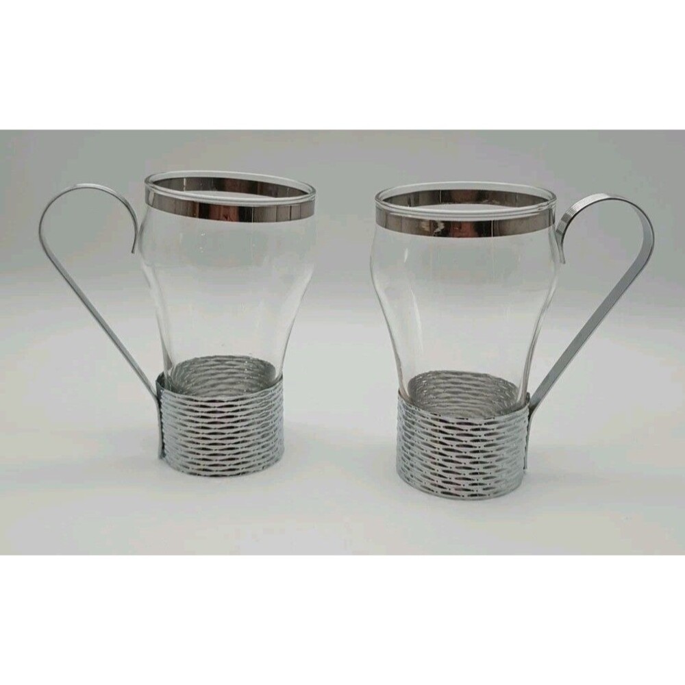 Vtg Federal Soda Fountain Glass Silver Basket Weave Holder Handle Removable